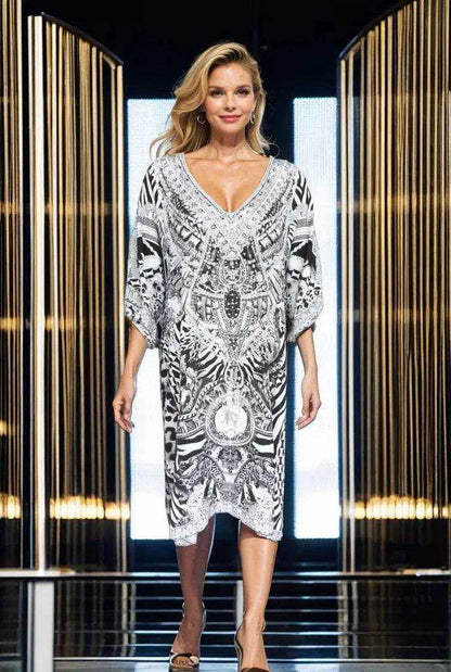 sleeve Silk Embellished Dress Tiger Black