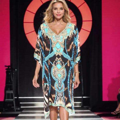  sleeve Silk Embellished Dress -Leopard Blue-Kaftans that Bling