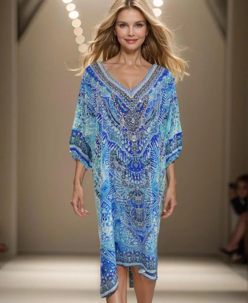 3/4 sleeve Silk Embellished Dress Egyptian blue - Kaftans that Bling