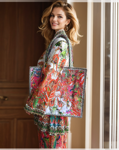 Large Embellished Tote Bag by Fashion Spectrum with vibrant floral print, padded handles, and zipper closure, perfect for stylish everyday use