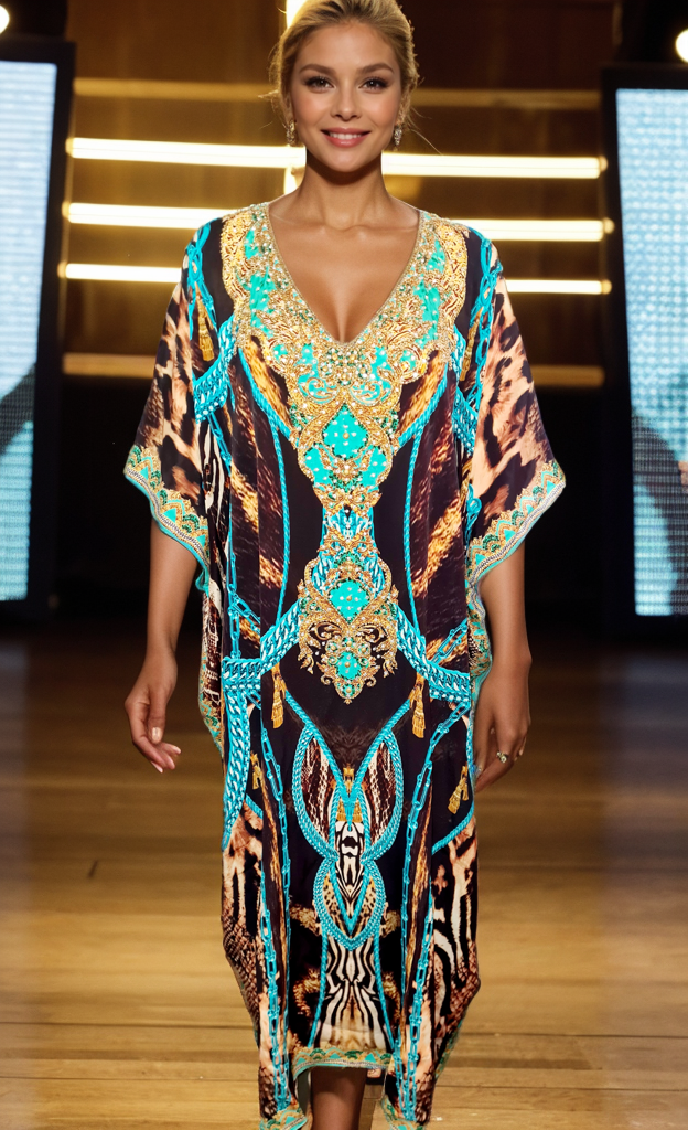 Long Silk Embellished Box Kaftan Aqua Leopard