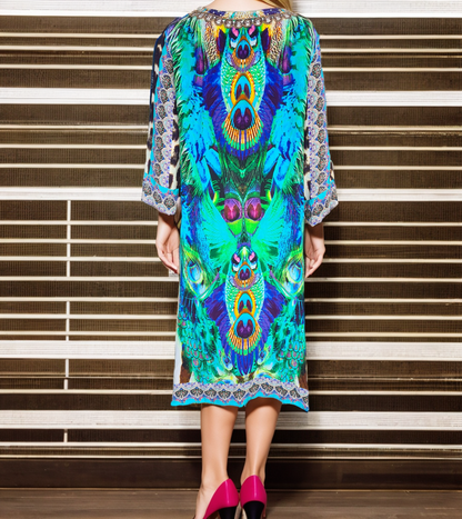 Silk Embellished Sleeve Dress Peacock