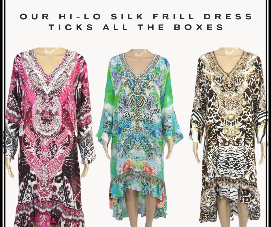 Our Hi-Lo silk frill dress with handsewn beadwork & embellishments tick all the boxes, exclusive to Kaftans that Bling