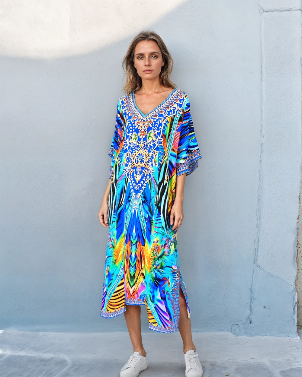 Peacock Long Silk Embellished Kaftan