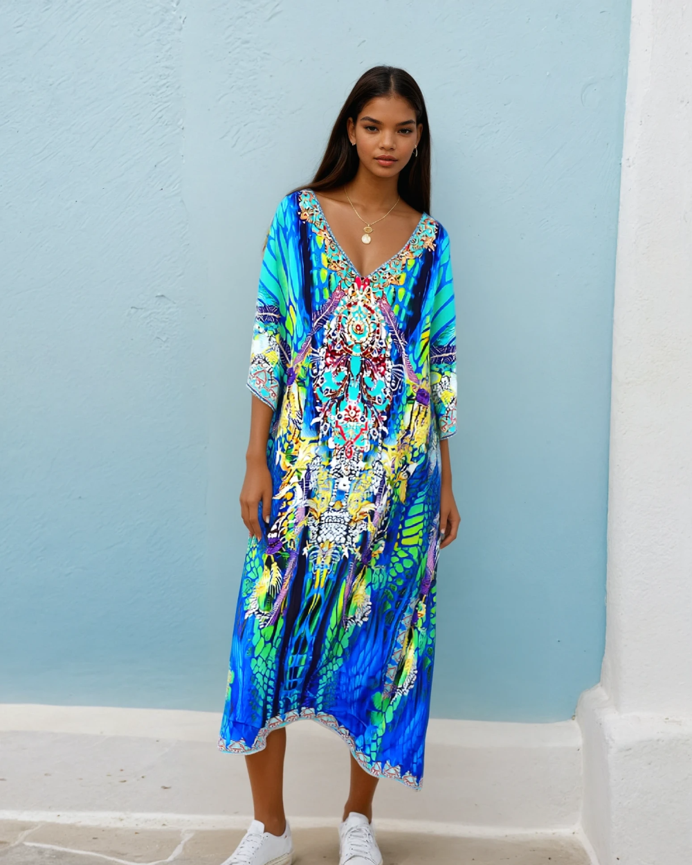 Cobra Long Silk Embellished Kaftan