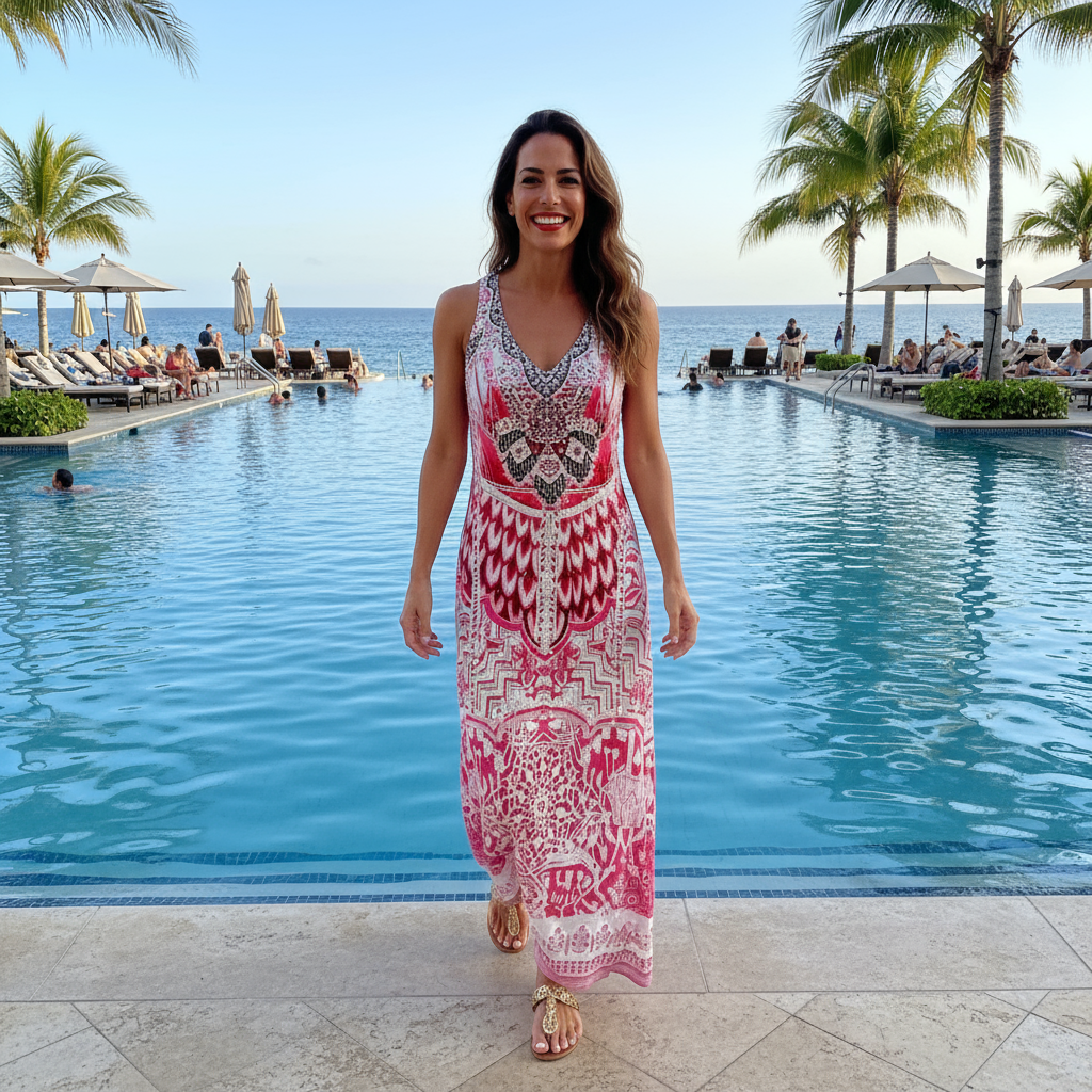 Flamingo Pink Silk Racerback Maxi Dress | Hand-Embellished Kaftan