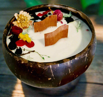 Handmade reclaimed coconut shell candle with wooden wicks, infused with crystals and dried flowers, eco-friendly and sustainable 400ml size