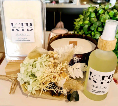 Reclaimed coconut shell soy candle set with dried flowers and eco-friendly room spray by Kaftans that Bling