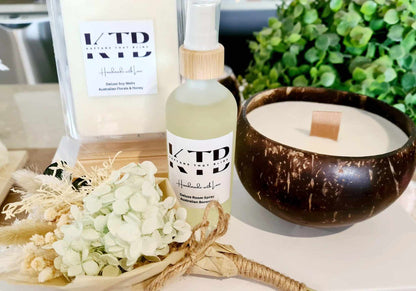 Deluxe soy candle set in reclaimed coconut shell with room spray and wax melts by Kaftans that Bling