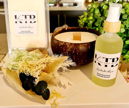 Reclaimed coconut shell soy candle set with wood wick, room spray, and dried flower posy by Kaftans that Bling