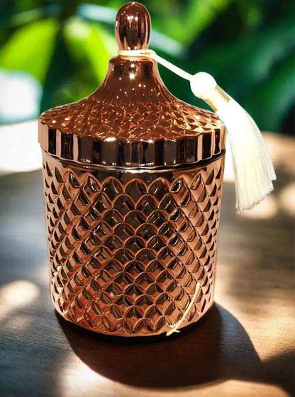 Rose Gold Geo Deluxe Soy Candle in decorative textured jar with lid and tassel