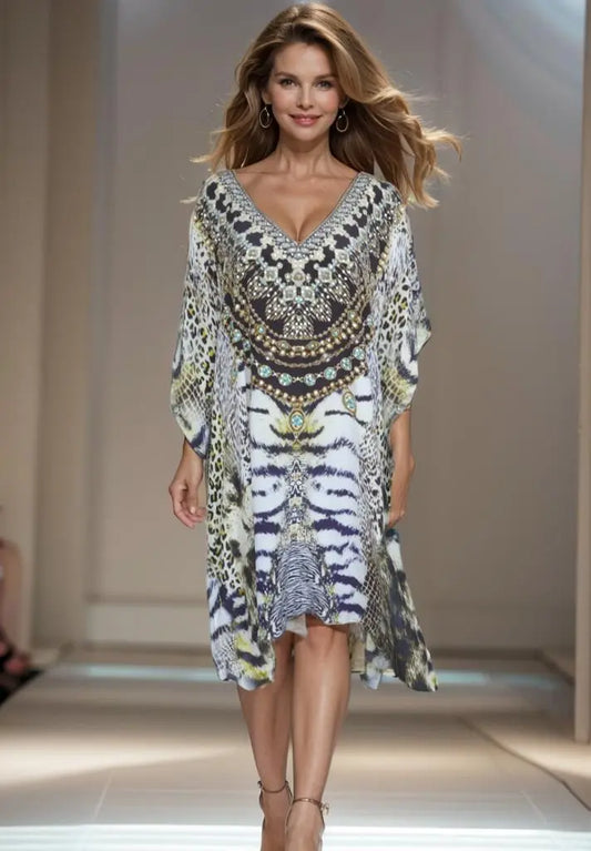 Silk Embellished Short Kaftan-Cheetah - Kaftans that Bling