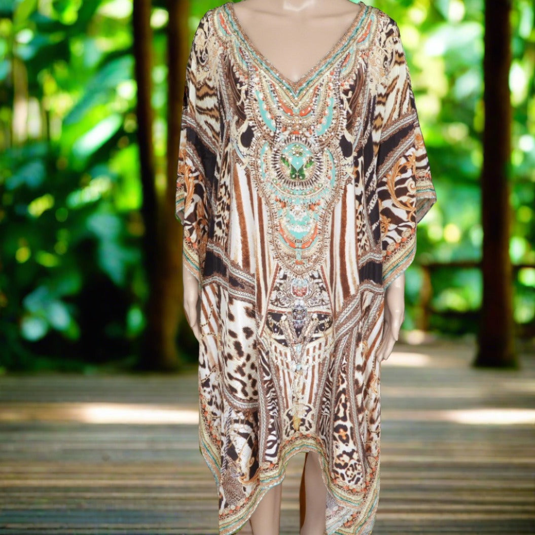 Leopard Brown Short beaded Kaftan , by Fashion Spectrum