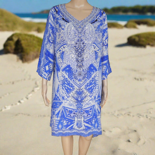 Venice 3/4 sleeve Silk Embellished Tunic Dress at Kaftans that Bling 