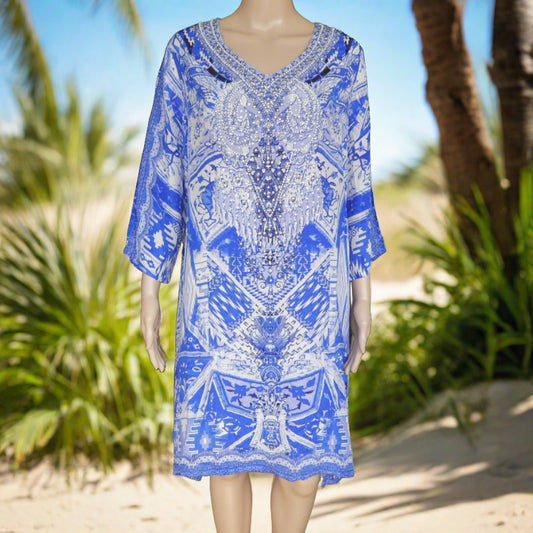 Venice 3/4 sleeve Silk Embellished Tunic Dress at Kaftans that Bling