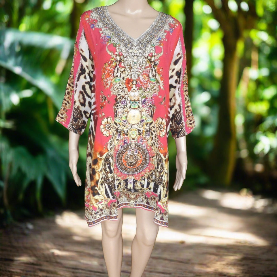 Garden Delight (Red) short silk embellished Tunic Dress at Kaftans that Bling