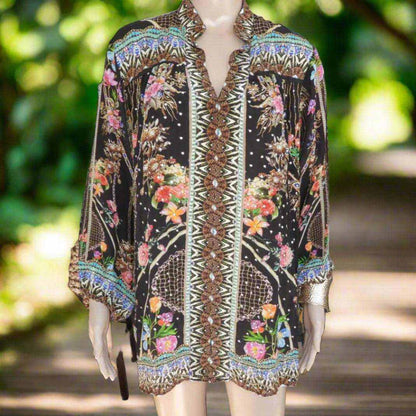Black silk embellished shirt-capri with floral pattern, handsewn gold and silver bead detailing, high open collar, and 3/4 elastic sleeves by Fashion Spectrum