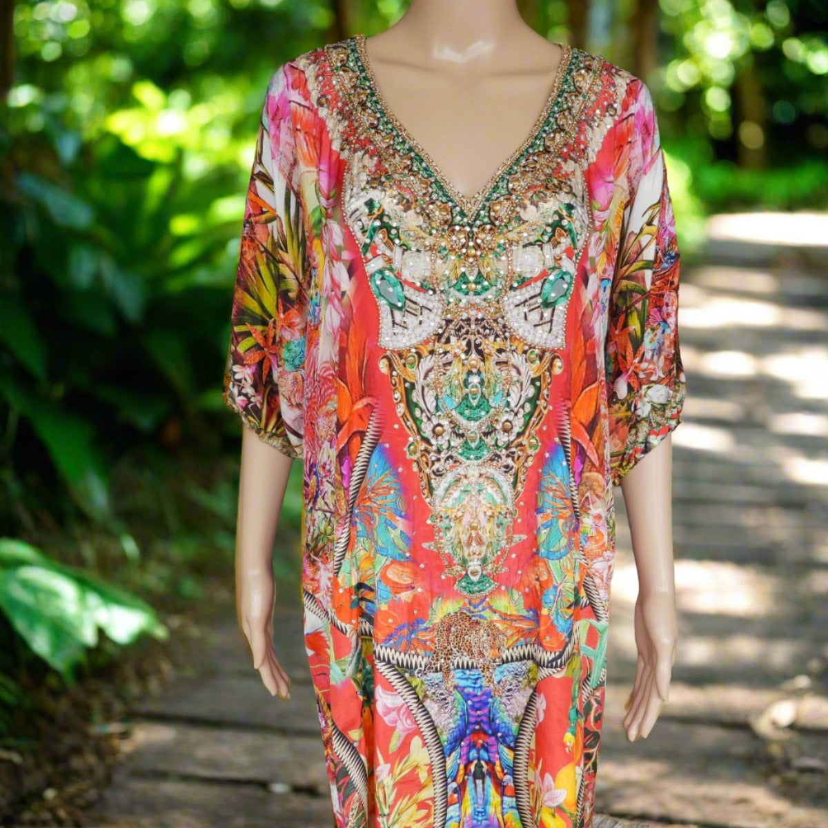 Amira green 3/4 sleeve dress Enchanted Garden 3/4 sleeve Silk Embellished Dress Kaftans that Bling  Kaftans that Bling