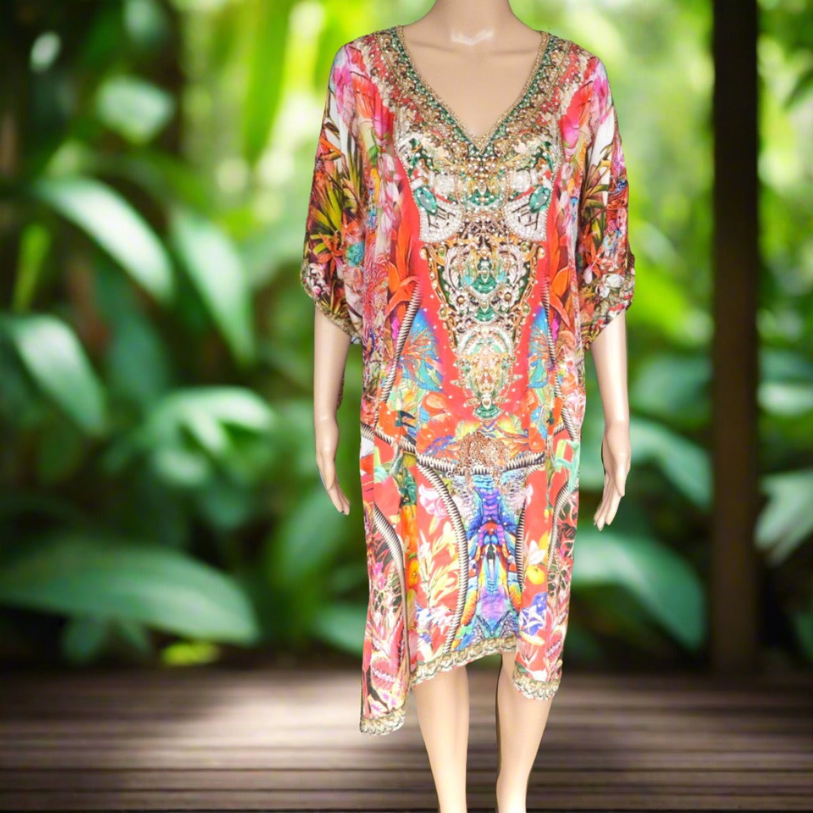 Amira green 3/4 sleeve dress Enchanted Garden 3/4 sleeve Silk Embellished Dress Kaftans that Bling  Kaftans that Bling