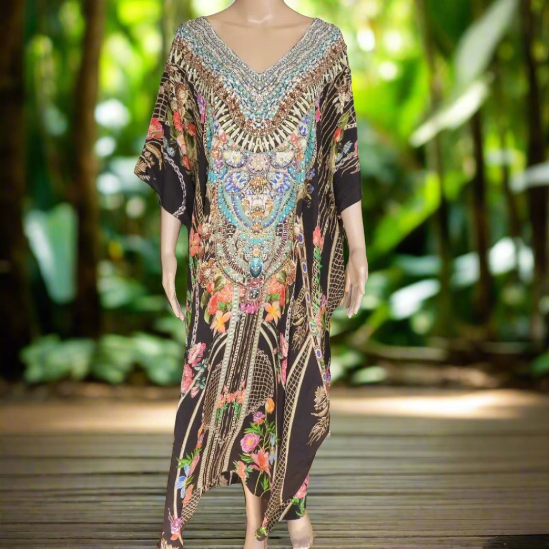 Long Box Embellished Silk Kaftan - Capri by Fashion Spectrum