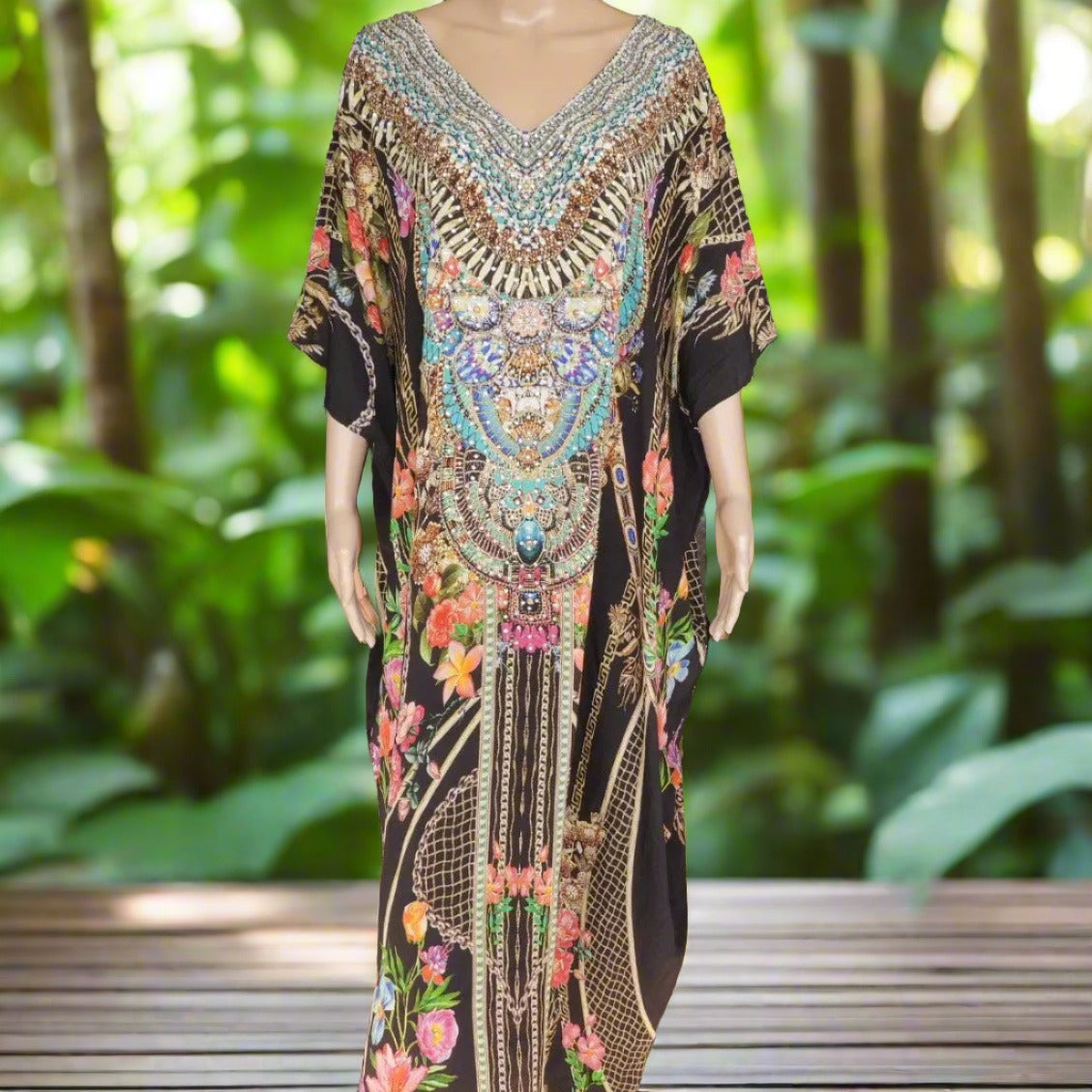 Long Box Embellished Silk Kaftan - Capri by Fashion Spectrum