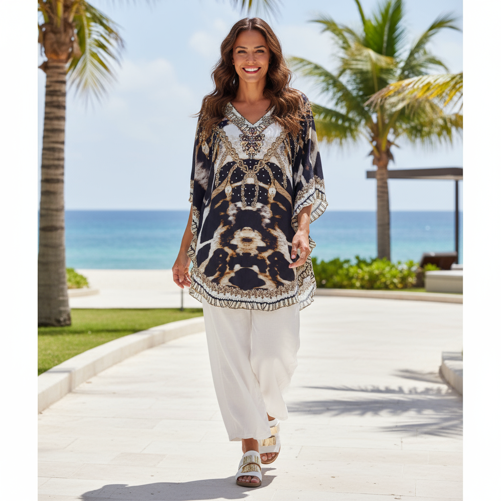 Silk Embellished Butterfly Top Snow Leopard