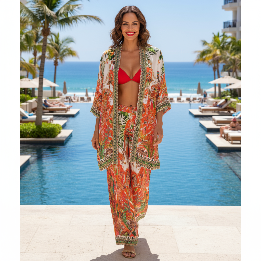 Long Silk Embellished Pants - Tropical