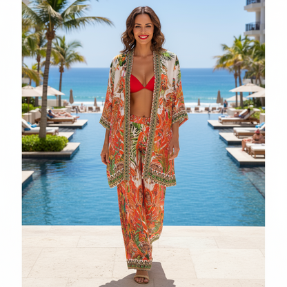 Long Silk Embellished Pants - Tropical