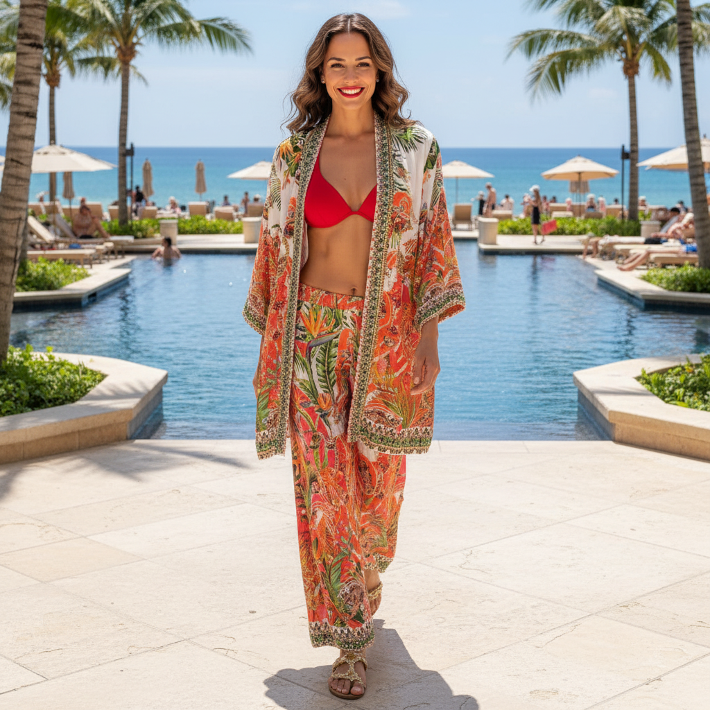 Long Silk Embellished Pants - Tropical