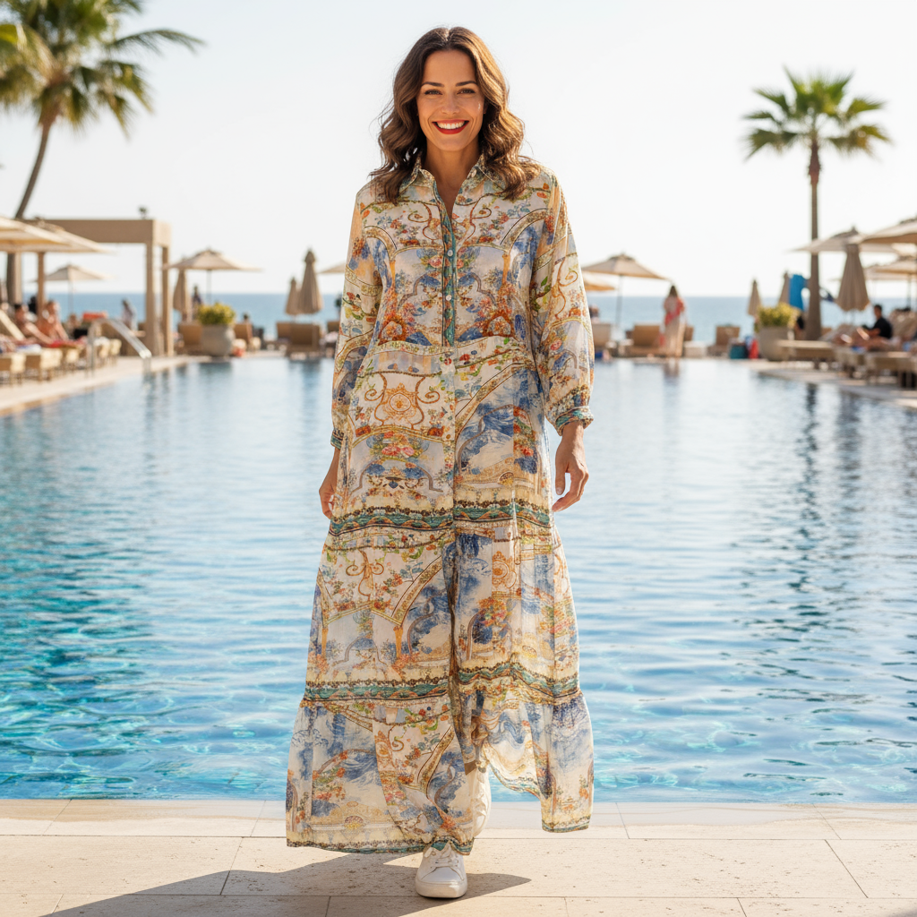 Sorrento Silk Shirt Maxi Dress - Hand-Embellished Luxury Kaftan