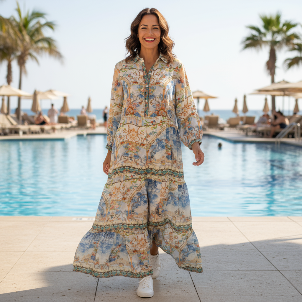 Sorrento Silk Shirt Maxi Dress - Hand-Embellished Luxury Kaftan
