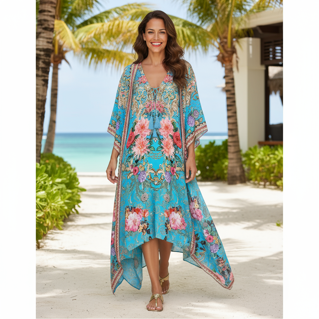 Short Silk Viscose Embellished Kaftan Parisian Rose
