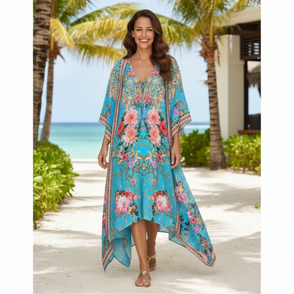 Short Silk Viscose Embellished Kaftan Parisian Rose