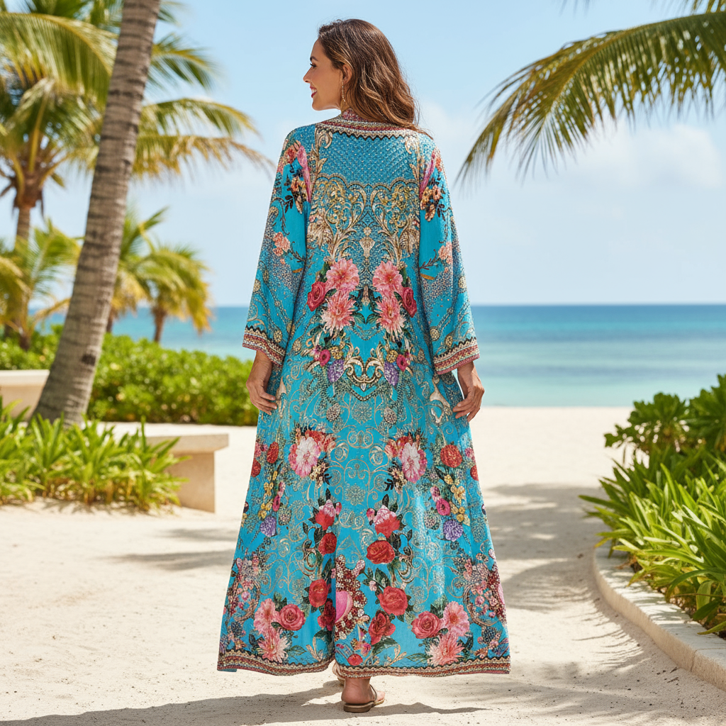 Long Curved Kimono Robe Parisian Rose