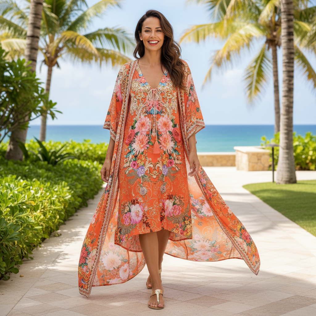Short Silk Viscose Embellished Kaftan Parisian Rose