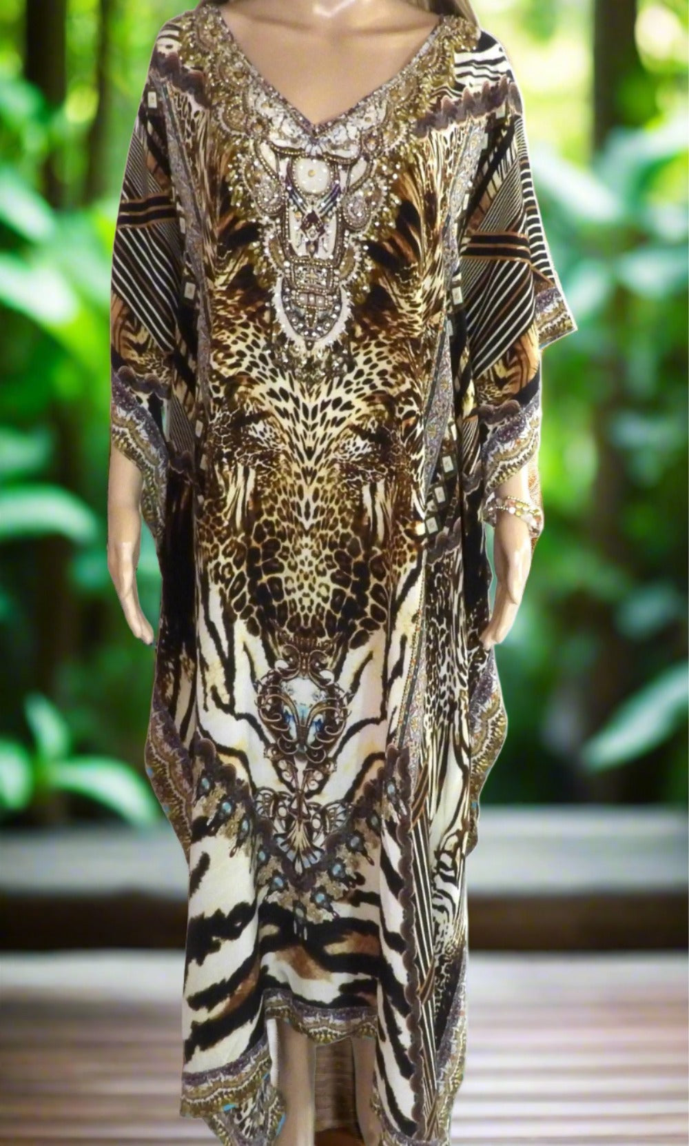 Long silk embellished Kaftan Cheetah at Kaftans that Bling