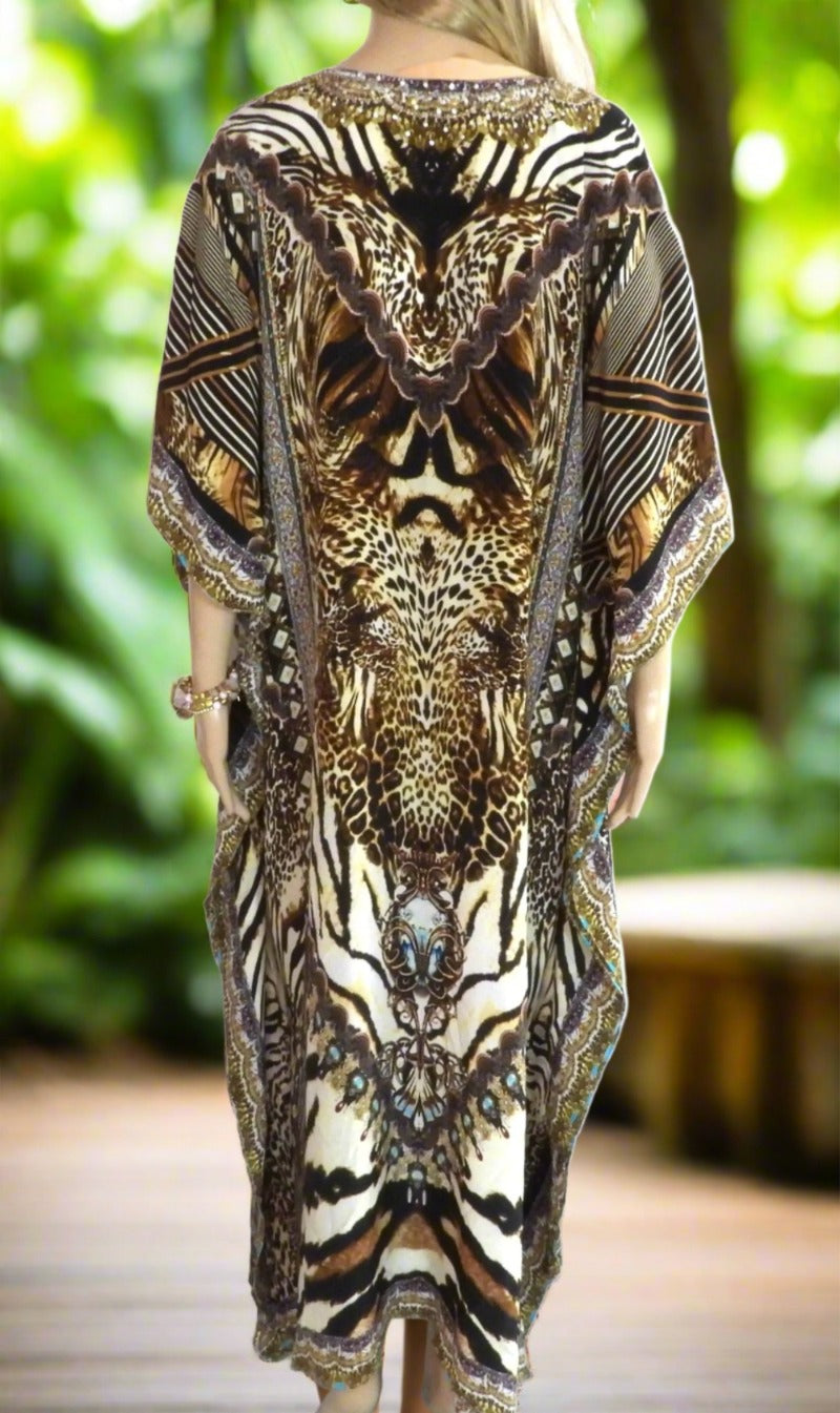 Long silk embellished Kaftan Cheetah at Kaftans that Bling