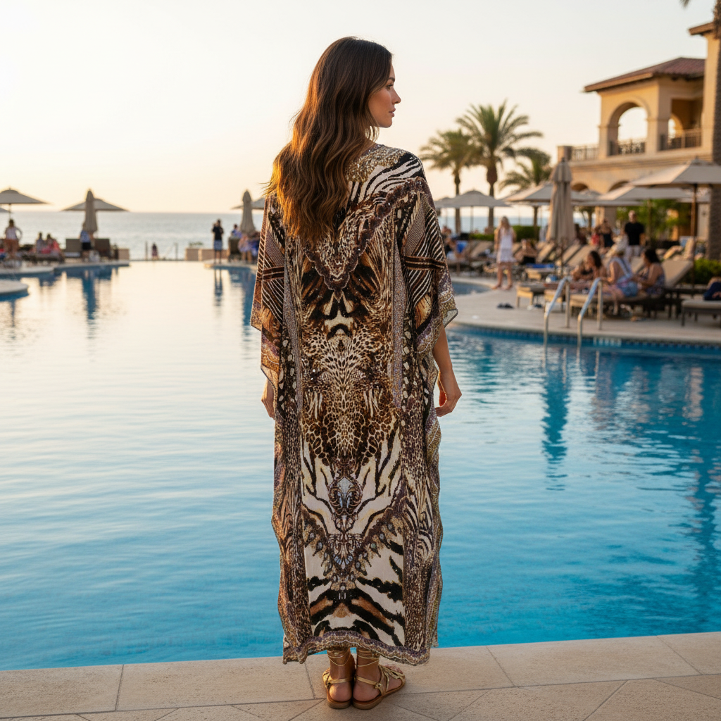 Long silk embellished Kaftan Cheetah at kaftans that bling