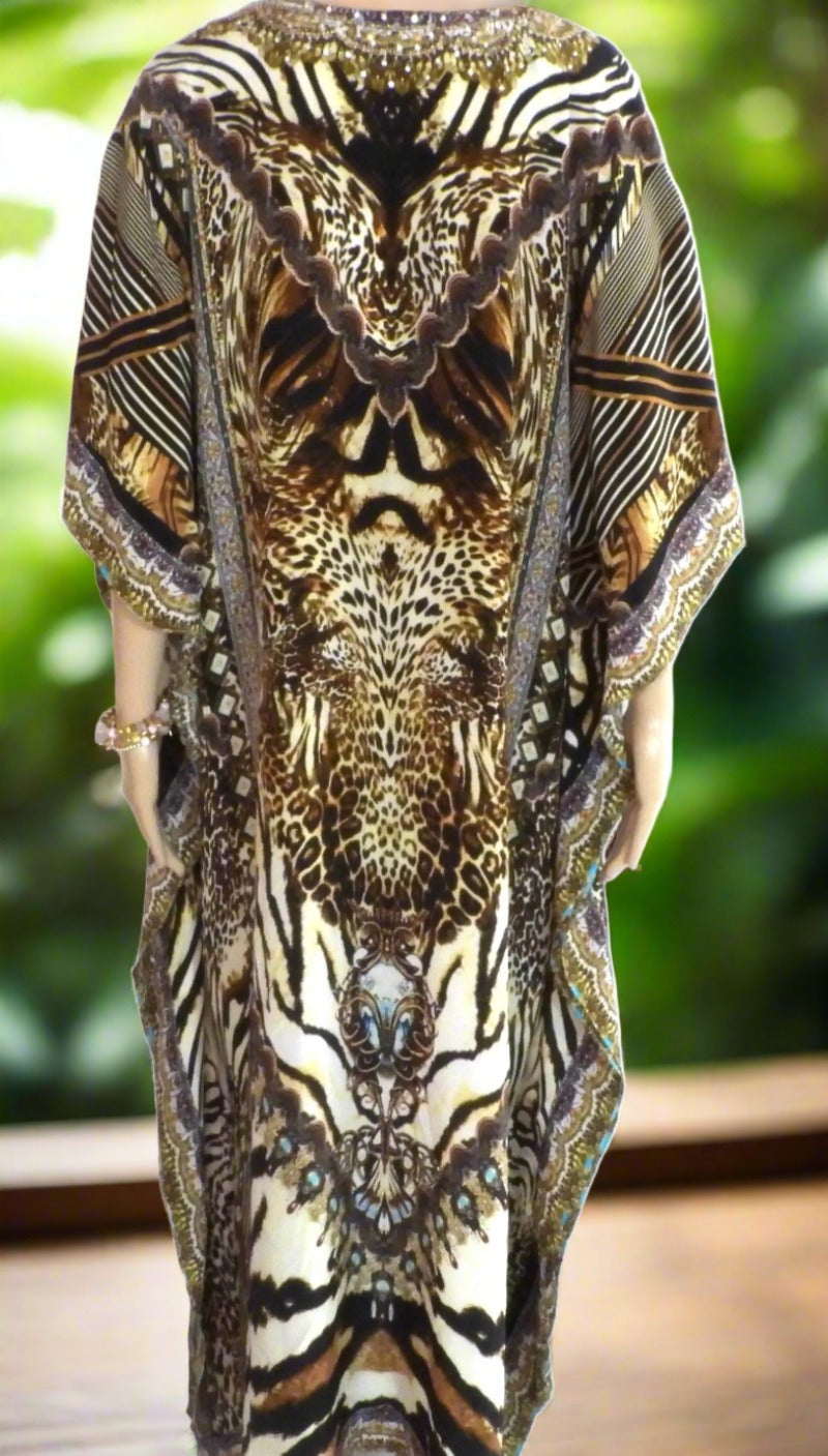 Long silk embellished Kaftan Cheetah at Kaftans that Bling