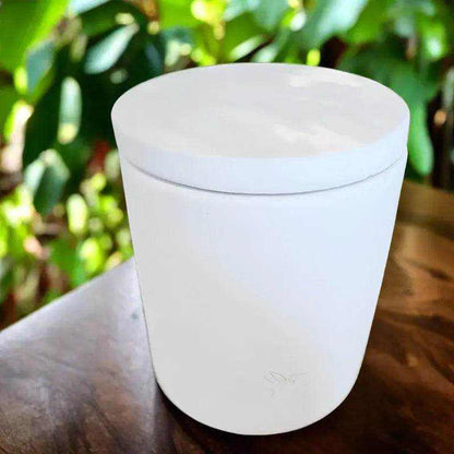 Concrete White Deluxe Soy Candle 400ml handcrafted with eco-friendly soy wax in a white concrete jar with lid by Kaftans that Bling