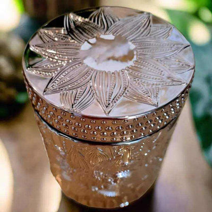 Lotus Rose gold soy candle in decorative rose gold jar with intricate floral lid design