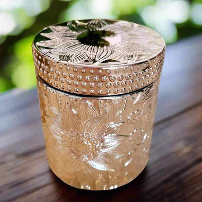 Lotus Rose gold soy candle in embossed rose gold jar with lid, eco-friendly deluxe soy wax, and elegant floral design