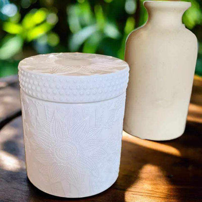 Lotus White Deluxe Soy Candle 400ml in embossed white jar with lid, eco-friendly handcrafted candle by Kaftans that Bling