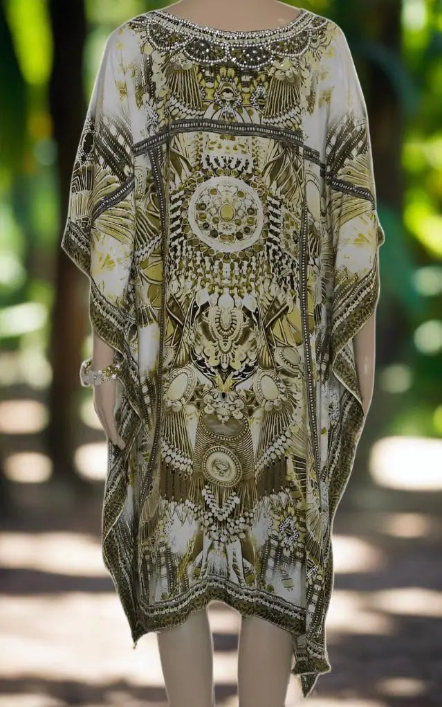 Amara Khaki short silk embellished Kaftan - by Fashion Spectrum - Kaftans that Bling