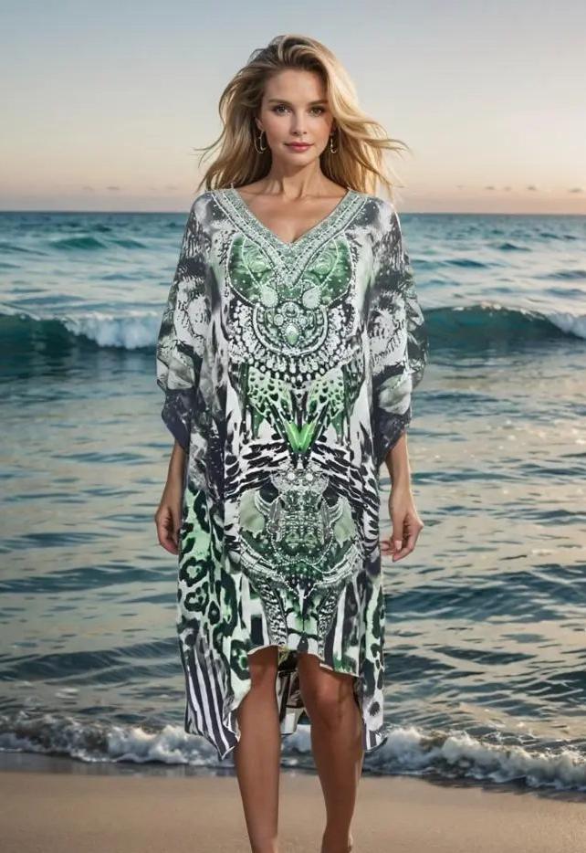 Dresses Garbo green short silk Kaftan - kaftans that bling fashion spectrum  Kaftans that Bling