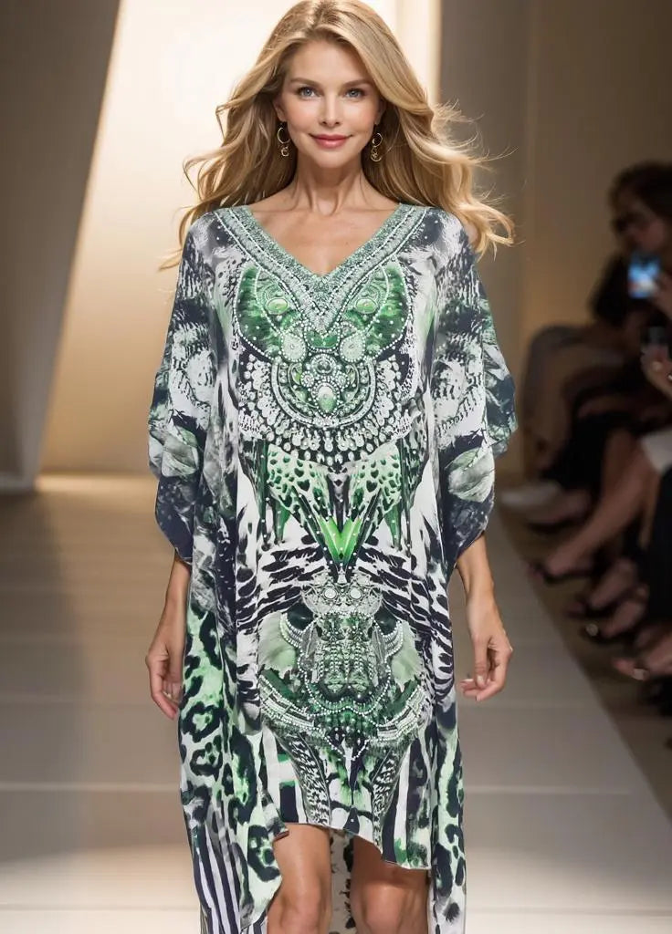 Dresses Garbo green short silk Kaftan - kaftans that bling fashion spectrum  Kaftans that Bling