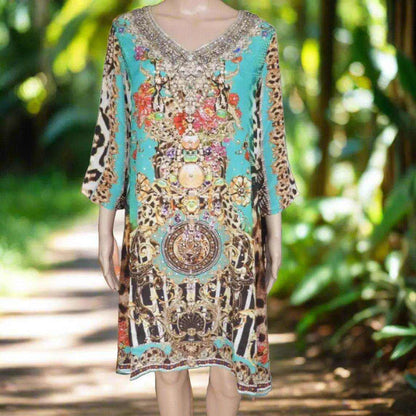 Garden Delight Aqua silk tunic dress with hand-embellished beadwork and animal print accents