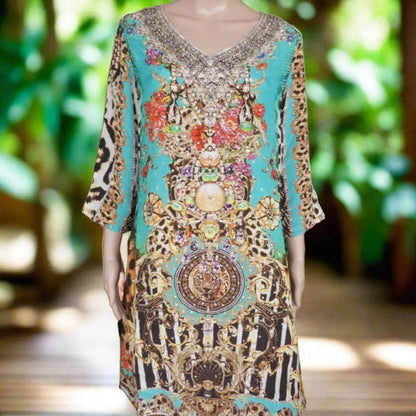 Garden Delight Aqua short silk embellished tunic dress with beadwork and animal print