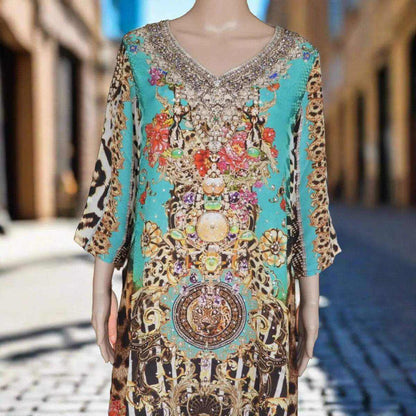 Garden Delight Aqua silk tunic dress with hand-embellished beadwork and animal print accents