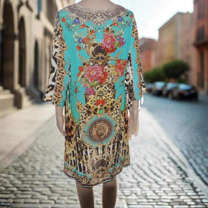 Garden Delight Aqua silk tunic dress with floral and animal print embellishments, V-neck and side splits